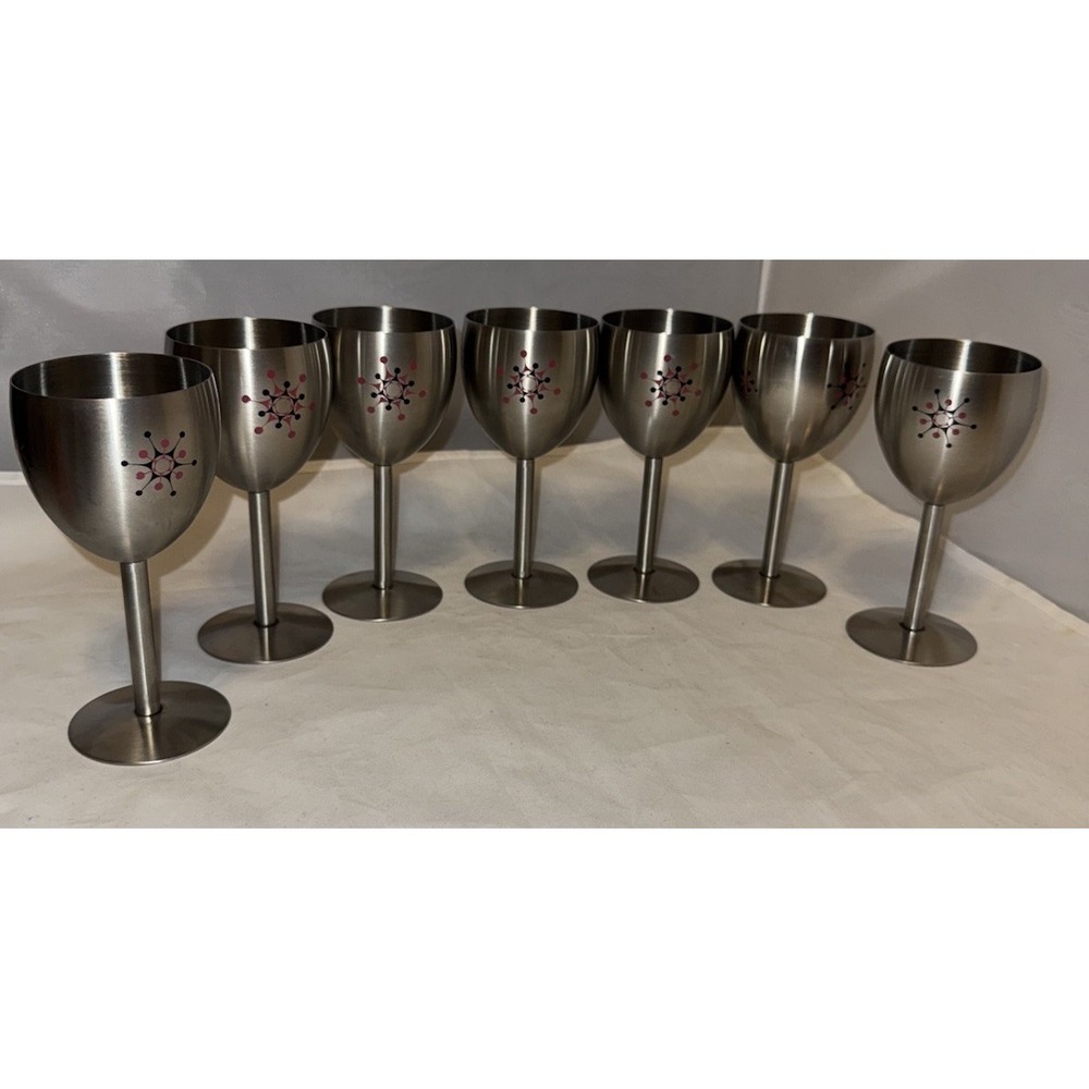 Stainless Steel  Atomic Starburst 6oz Wine Cup Glasses VTG‎ Mid Century Lot Of 7